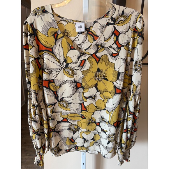 CAbi Tops - Cabi Women Mustard Floral Smocked Bishop Sleeve V-Neck Blouse Top Size M